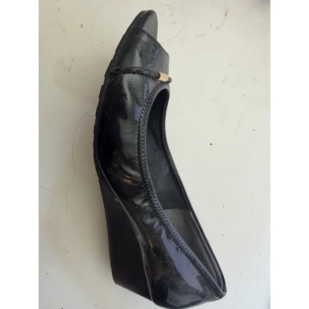 Cole Haan Black Patent Leather Air Tali Peep Toe Wedge Pumps Gold Hardware